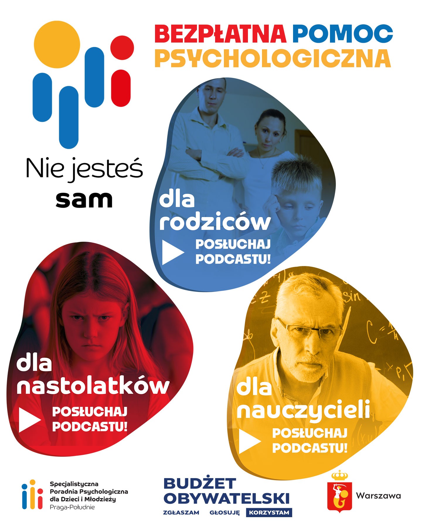 plakat, bezpłatna pomoc psychologiczna, 3 fotografie w kolorach: niebieskim, czerwonym, zielonym wewnątrz portrety.