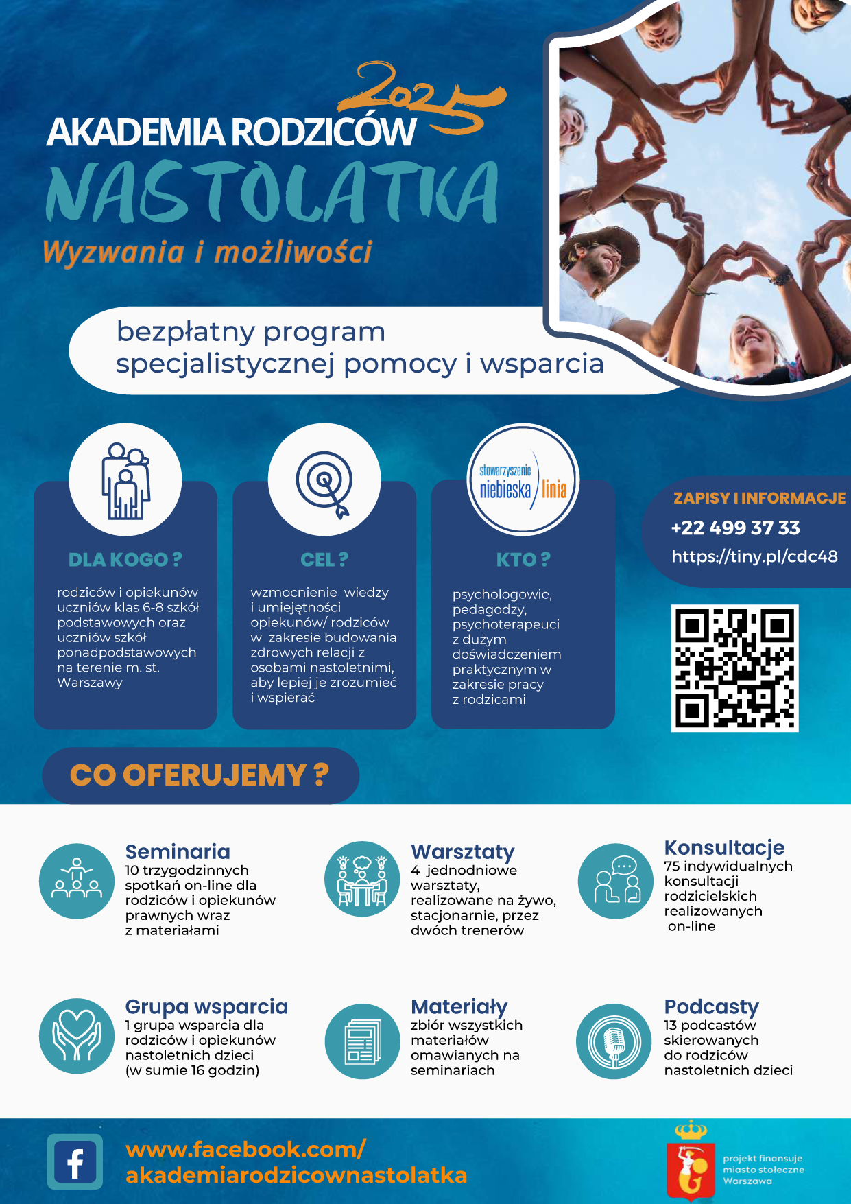 plakat w kolorze niebieskim, na plakacie osoby z rękami ułożonymi w serce, poniżej tekst z plakatu.
