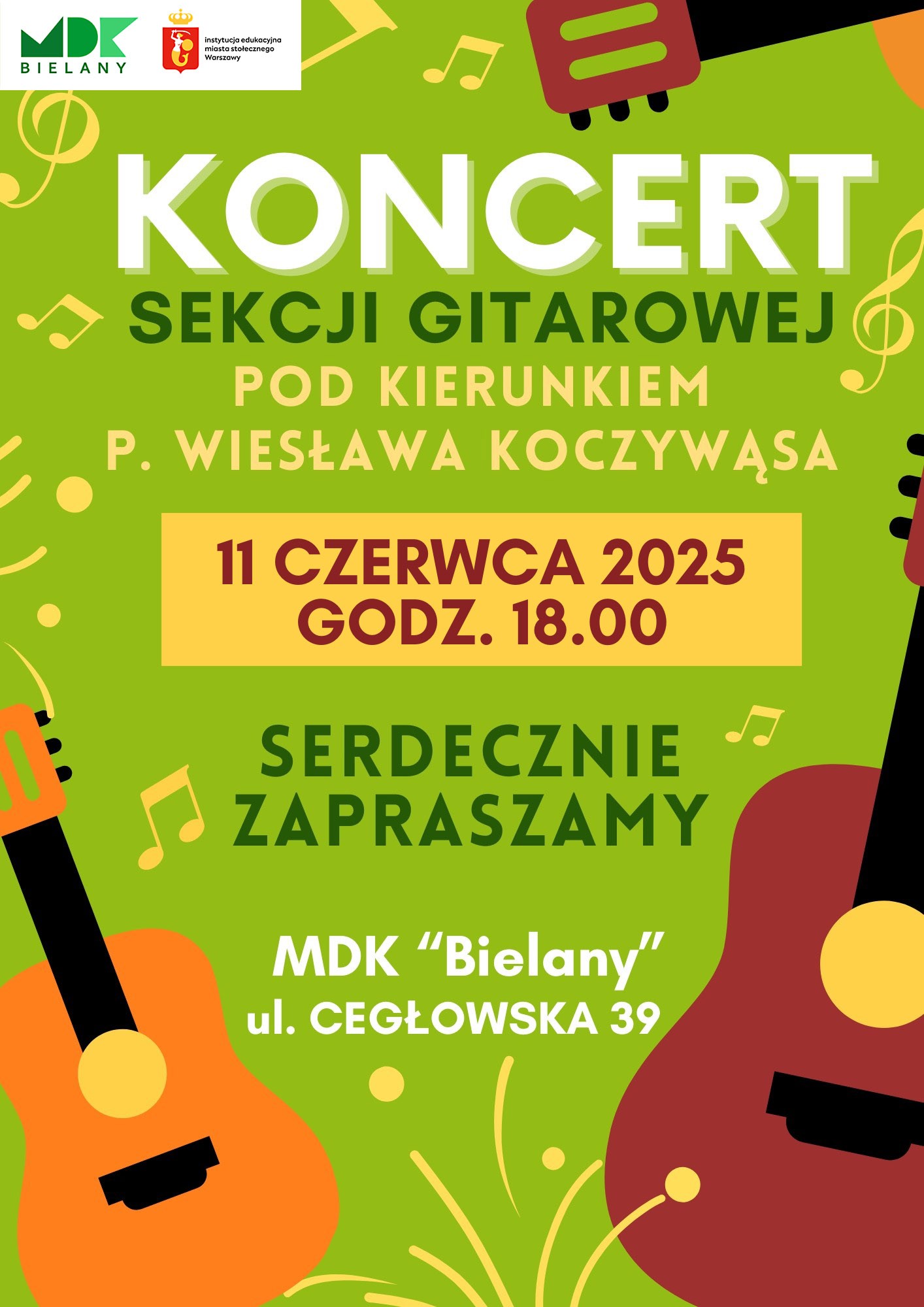 plakat zaproszenie na koncert gitarowy, 11 czerwca 2025 godz. 18:00 w mdk. zielony plakat z ilustracją gitar
