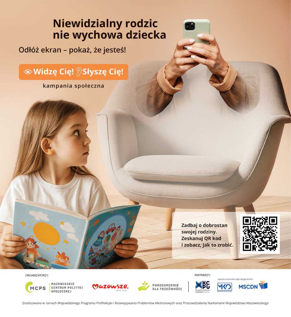 plakat kampanii widzę cię.., na plakacie dziecko o i fotel y telefonem