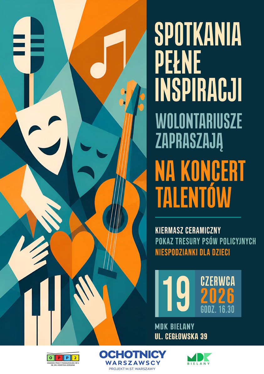 Plakat wydarzenia „Koncert talentów – Nasze granie” podsumowującego rok szkolny 2025/26. Po lewej stronie duży, wielokolorowy napis z tytułem oraz informacjami: pokazy sekcji tanecznej, teatralnej, studia piosenki „Pełna Skala” oraz solistów sekcji instrumentalnych. Data i godzina: „19 czerwca 2026, godz. 17.00”. Na dole: „Serdecznie zapraszamy, MDK Bielany, ul. Cegłowska 39”. Po prawej stronie stylizowane, geometryczne ilustracje związane ze sztuką sceniczną: mikrofon, maski teatralne (komiczna i tragiczna), fragment klawiatury fortepianu, gitara oraz postać w dynamicznej pozie tanecznej. Całość utrzymana w kontrastowej kolorystyce niebieskiej, turkusowej, pomarańczowej i kremowej.
